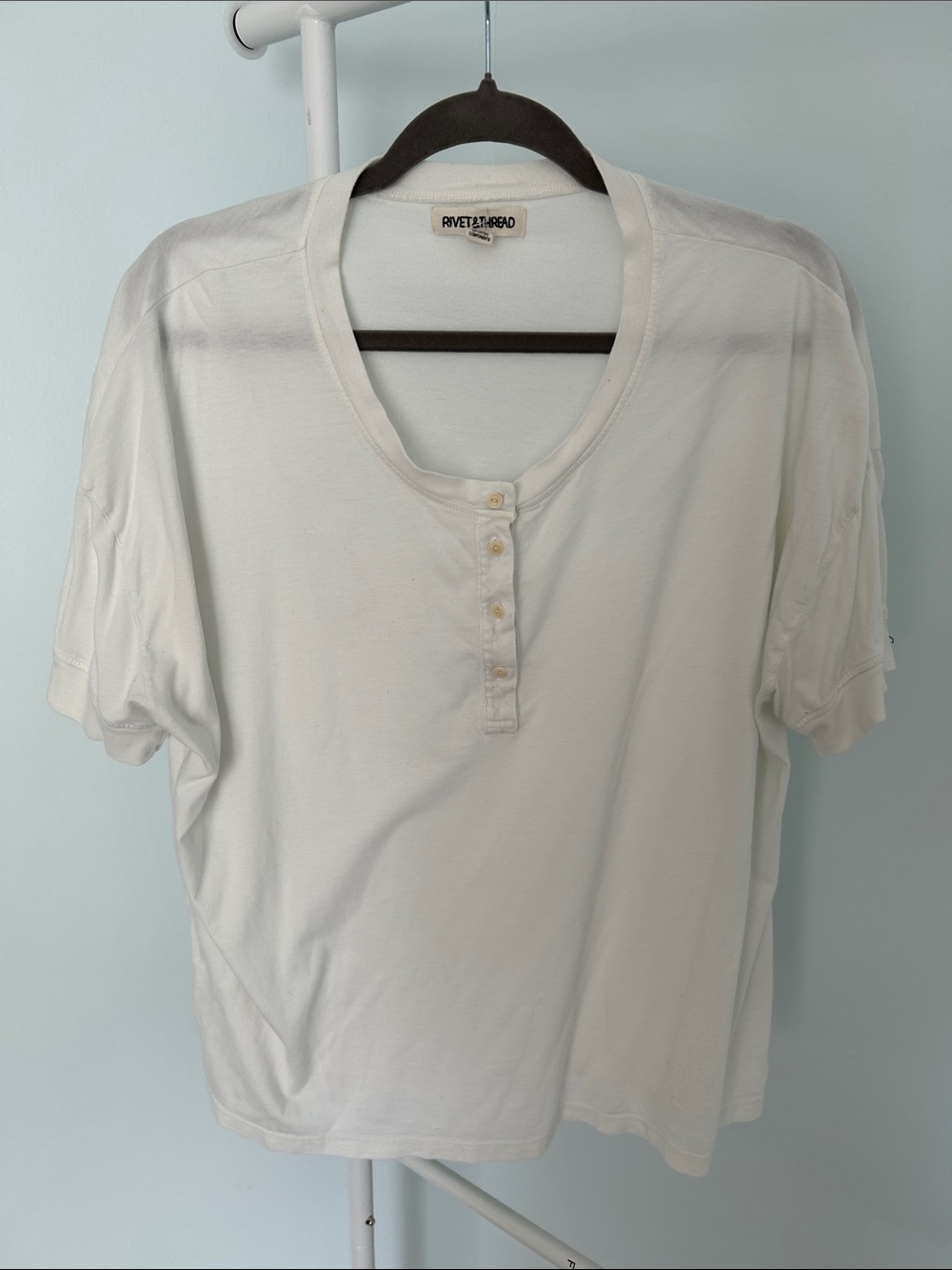 Oversized White Short-Sleeve Henley Tee by Rivet & Thread